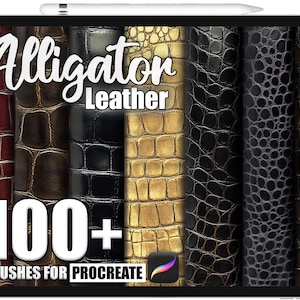 Puede incluir: Una tableta muestra texturas de arte digital de cuero de cocodrilo en tonos rojos, marrones, negros y dorados. El texto "Alligator Leather" y "100+ Brushes for Procreate" está superpuesto, sugiriendo un producto de arte digital.