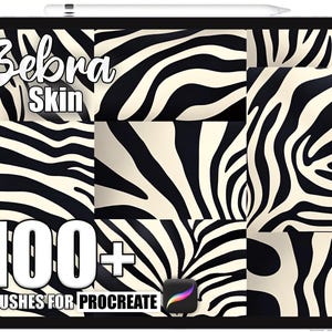 Pode incluir: Um tablet digital exibe vários padrões de pele de zebra. O texto "Zebra Skin" está no topo, com "100+ BRUSHES FOR PROCREATE" na parte inferior. Os padrões são em preto e branco, com uma caneta stylus no topo.
