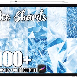 May include: A digital art display on a tablet featuring a collection of blue and white ice shard textures. The title "Ice Shards" is displayed at the top, with "100+ Brushes for Procreate" at the bottom. A stylus is at the top.