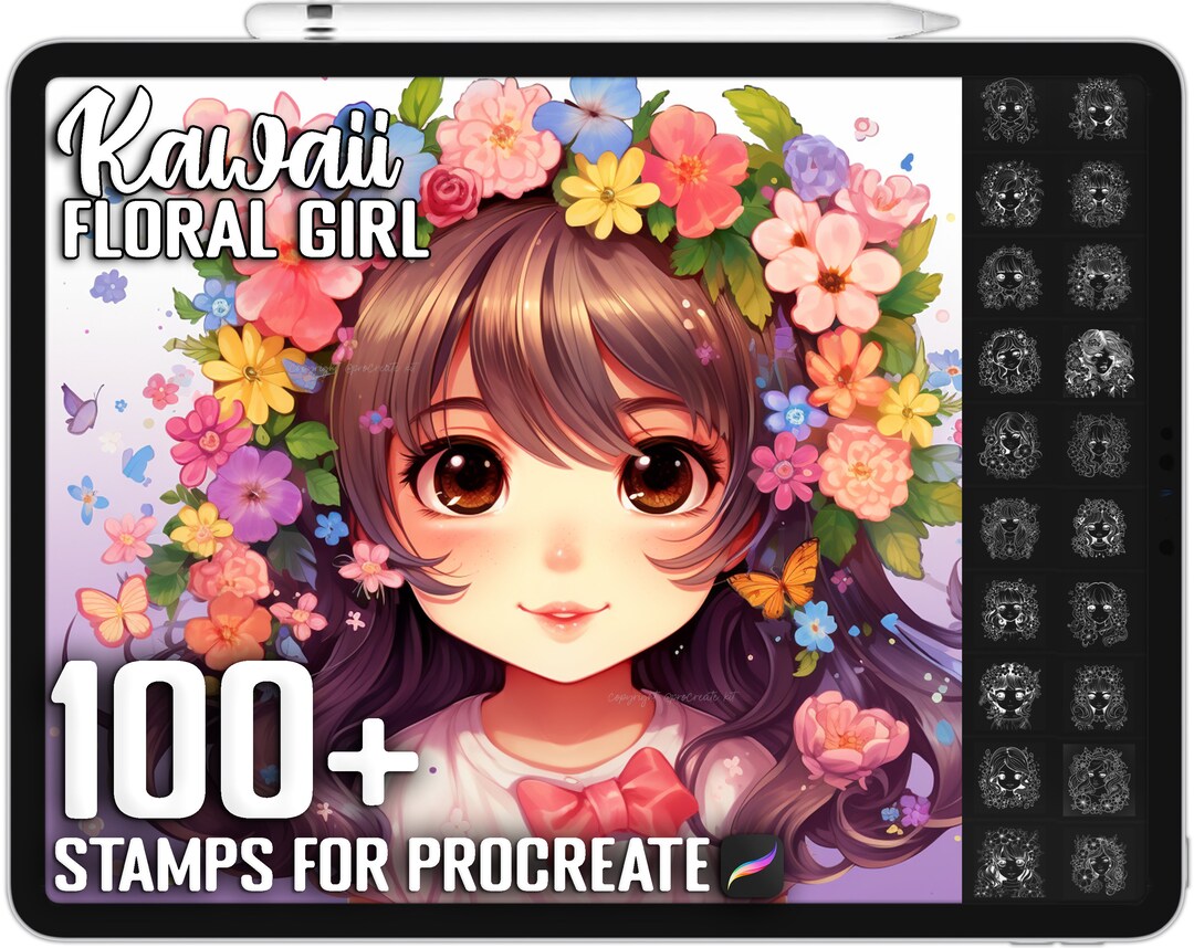 100+ Procreate Kawaii Floral Girl Stamps, Unique Realistic Kawaii ...