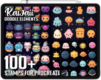 May include: A digital illustration of over 100 cute kawaii doodle elements for Procreate. The image shows a variety of colorful characters, including animals, food, and objects. The text "Kawaii Doodle Elements" and "100+ Stamps for Procreate" are visible on the image.