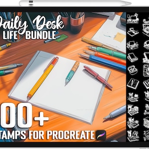 May include: A digital illustration of a desk with a notebook, pens, and pencils. The image is on a tablet screen with the text "Daily Desk Life Bundle" and "100+ Stamps for Procreate" on the screen. The image is surrounded by a grid of 100+ black and white illustrations of various desk items.