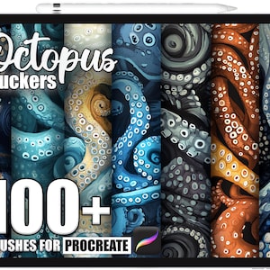 Puede incluir: Una pantalla de tableta muestra arte digital de tentáculos de pulpo en varios colores. El texto "Octopus Suckers" y "100+ Brushes for Procreate" es blanco. El logotipo de la aplicación Procreate es visible.