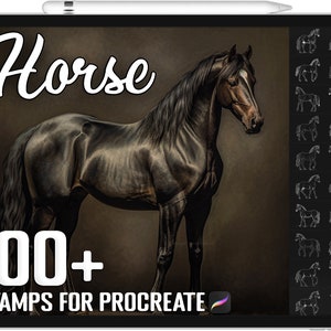 Może przedstawiać: Cyfrowa ilustracja czarnego konia z białą pręgą na twarzy. Obraz znajduje się na ekranie tabletu z tekstem "Horse 100+ STAMPS FOR PROCREATE" na ekranie. Obraz jest otoczony białą ramką.