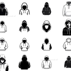 May include: A collection of 14 black and white illustrations of hooded sweatshirts. The illustrations are in various styles, including some with a person wearing the sweatshirt and some with just the sweatshirt itself.