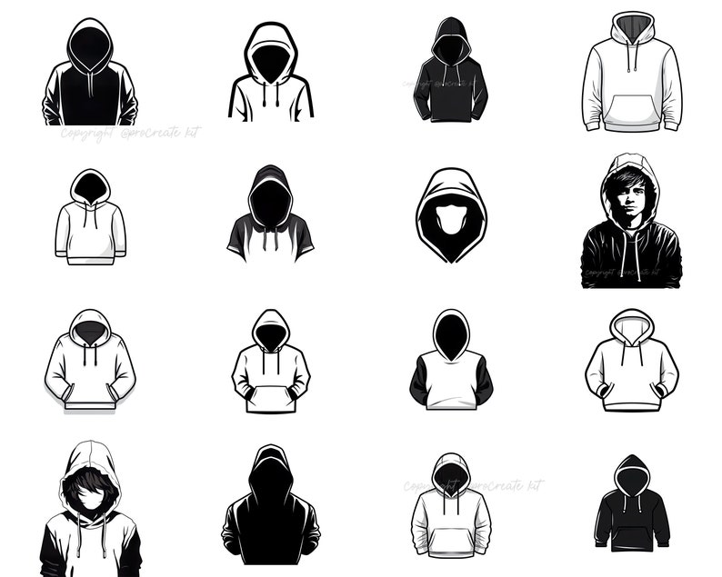 May include: A collection of 14 black and white illustrations of hooded sweatshirts. The illustrations are in various styles, including some with a person wearing the sweatshirt and some with just the sweatshirt itself.