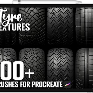 May include: A digital illustration of a tablet screen displaying a set of 100+ tyre textures for Procreate. The image shows a variety of tire tread patterns in black and white.