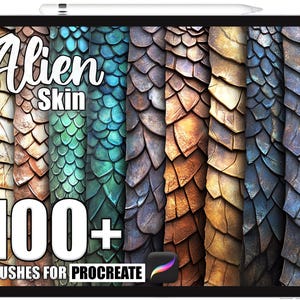 Puede incluir: Una pantalla de tableta muestra texturas de arte digital que simulan piel alienígena. El texto "Alien Skin" está en la parte superior, con "100+ BRUSHES FOR PROCREATE" debajo. La paleta de colores incluye marrones, verdes y azules, creando un efecto texturizado.