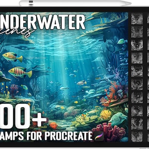 May include: A digital illustration of an underwater scene with coral reefs, fish, and seaweed. The image is labeled "UNDERWATER scenes" and "100+ STAMPS FOR PROCREATE".