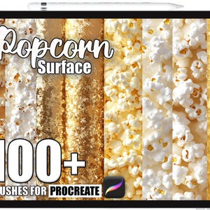 May include: A digital tablet displays a collection of popcorn-themed textures and brushes. The text "Popcorn Surface" is at the top, with "100+ Brushes for Procreate" at the bottom. The image showcases various popcorn styles and golden textures.