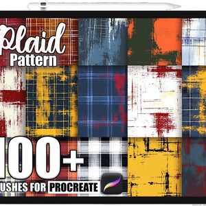 Puede incluir: Una tableta digital muestra una colección de diseños de patrones de cuadros en varios colores, incluyendo rojo, azul, amarillo y blanco. El texto "Plaid Pattern" está en la parte superior, con "100+ BRUSHES FOR PROCREATE" en la parte inferior.