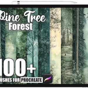May include: A digital art display on a tablet featuring a collection of forest-themed Procreate brushes. The text "Pine Tree Forest" is displayed at the top, with "100+ Brushes for Procreate" at the bottom. The color palette includes greens and muted tones.