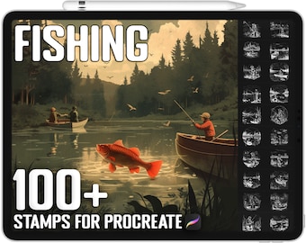 Oltre 100 francobolli di pesca procreati, pennelli da pesca per procreare, download digitale istantaneo