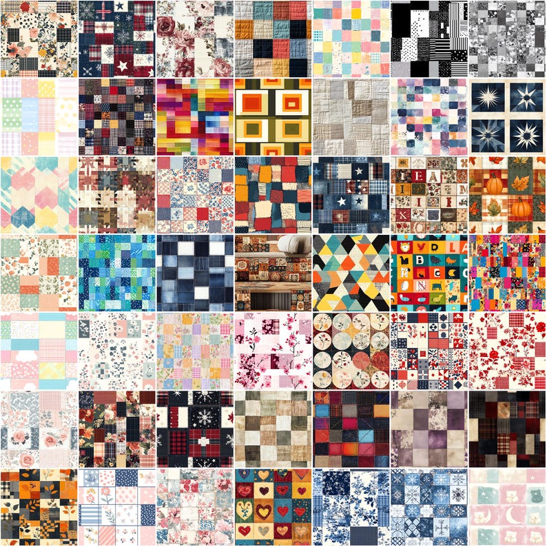 May include: A grid of 64 fabric squares, each showcasing a distinct patchwork design. The squares display a range of patterns, including floral prints, geometric shapes, and seasonal motifs. Colours vary from bright shades to softer tones, creating a diverse and visually appealing display.