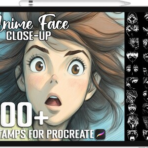 Może przedstawiać: Cyfrowa grafika na tablecie przedstawiająca zbliżenie twarzy anime z zaskoczoną miną. Obraz zawiera tekst "Anime Face CLOSE-UP" i "100+ STAMPS FOR PROCREATE". Po prawej stronie wyświetlany jest wybór stempli z twarzami anime.