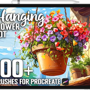 May include: A digital illustration of a tablet screen displaying a set of 100+ Procreate brushes for creating hanging flower pots. The image shows a colorful hanging flower pot with pink, red, purple, and yellow flowers. The text "Hanging Flower Pot" and "100+ Brushes for Procreate" are displayed on the screen.