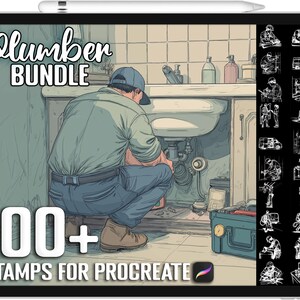 May include: Digital art bundle for Procreate featuring a plumber working on a sink. The image shows a person in work clothes, a sink, and a toolbox. The text reads "Plumber Bundle" and "100+ Stamps for Procreate."