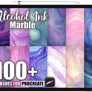 May include: A digital tablet displays a collection of alcohol ink marble textures in shades of purple, pink, blue, and green. The text "Alcohol Ink Marble" and "100+ Brushes for Procreate" are displayed on the screen.