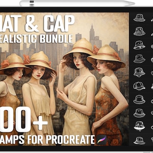 Pode incluir: Uma ilustração digital de três mulheres usando diferentes chapéus e bonés. A imagem é uma listagem de produtos para um conjunto de mais de 100 carimbos Procreate com chapéus e bonés realistas. O texto "HAT & CAP REALISTIC BUNDLE 100+ STAMPS FOR PROCREATE" é exibido na imagem.