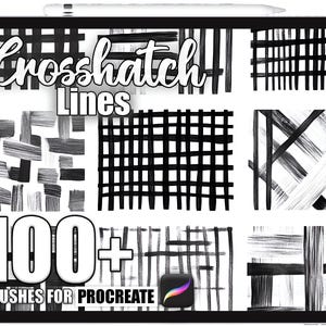 May include: A digital tablet displays a collection of black and white crosshatch line brushes. The text "Crosshatch Lines" is at the top, with "100+ Brushes for Procreate" at the bottom. The Procreate app icon is visible.