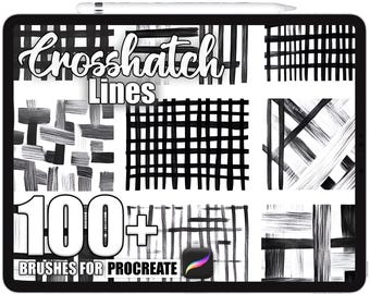 Puede incluir: Una tableta digital muestra una colección de pinceles de líneas de trama cruzada en blanco y negro. El texto "Crosshatch Lines" está en la parte superior, con "100+ Brushes for Procreate" en la parte inferior. El icono de la aplicación Procreate es visible.
