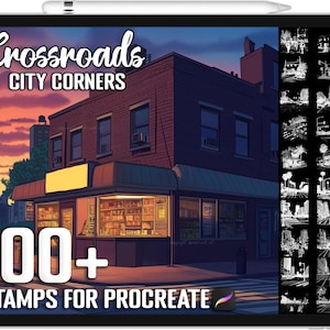 May include: A digital illustration of a city corner with a storefront and a street. The image is labeled "Crossroads City Corners 100+ Stamps for Procreate".