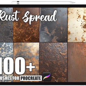 Op de afbeelding: Een digitale tablet toont een verzameling roesttexturen. De tekst "Rust Spread" staat bovenaan, met "100+ Brushes for Procreate" onderaan. De texturen variëren in kleur, van donkerbruin tot lichtbeige.
