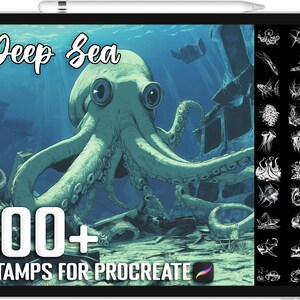 May include: A digital illustration of an octopus with tentacles wrapped around a sunken ship. The image is labeled "Deep Sea" and "100+ Stamps for Procreate". The image is a digital download of 100+ stamps for the Procreate app.
