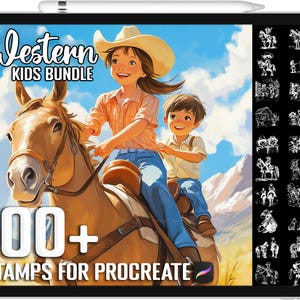 Puede incluir: Una ilustración digital de una niña y un niño montando a caballo. La niña lleva un sombrero de vaquero y una camisa marrón. El niño lleva una camisa azul y pantalones marrones. La imagen está etiquetada como "Western Kids Bundle" y "100+ Stamps for Procreate".