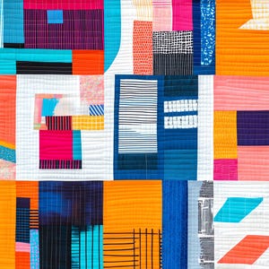 May include: Abstract patchwork quilt in vibrant colours. The design incorporates geometric shapes and patterns, including rectangles and lines, in shades of pink, orange, blue, and purple. The quilt is machine-stitched with a white background and has a textured appearance.