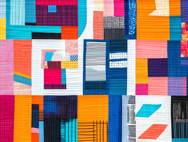 May include: Abstract patchwork quilt in vibrant colours. The design incorporates geometric shapes and patterns, including rectangles and lines, in shades of pink, orange, blue, and purple. The quilt is machine-stitched with a white background and has a textured appearance.