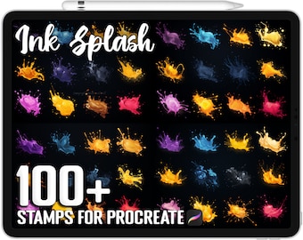 Op de afbeelding: Een digitaal tabletscherm toont een verzameling van meer dan 100 kleurrijke inktvlek-stempels voor Procreate. De stempels zijn gerangschikt in rijen en kolommen, waarbij elke stempel een andere kleur en vorm van inktvlek laat zien.