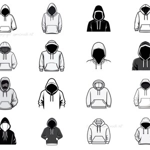 May include: A set of 16 different hoodie designs in black and white. The hoodies are shown in various poses, including front, back, and side views. The designs are simple and modern, and would be perfect for use in a variety of projects.