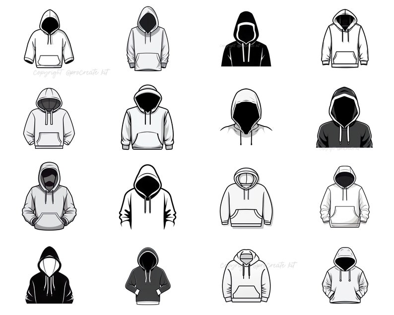 May include: A set of 16 different hoodie designs in black and white. The hoodies are shown in various poses, including front, back, and side views. The designs are simple and modern, and would be perfect for use in a variety of projects.