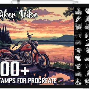 May include: A digital illustration of a motorcycle with a sunset background. The text "Biker Vibe" is at the top of the image. The text "100+ STAMPS FOR PROCREATE" is at the bottom of the image. The image is a digital download for the Procreate app.