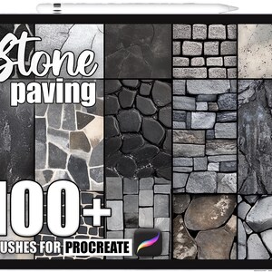 Könnte beinhalten: Ein digitales Tablet zeigt ein Raster von Steinpflastertexturen. Der Text "Stone paving" steht oben, mit "100+ brushes for Procreate" unten. Die Texturen umfassen verschiedene Grau-, Schwarz- und Brauntöne.