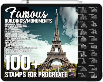 May include: A digital illustration of the Eiffel Tower in Paris, France. The image is part of a set of 100+ stamps for the Procreate app, featuring famous buildings and monuments from around the world. The stamps are designed in a black and white style.