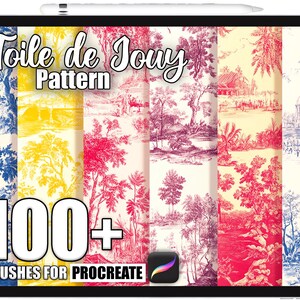 May include: A digital tablet displays a collection of Toile de Jouy patterns in various colors, including blue, yellow, and red. The text "Toile de Jouy Pattern" and "100+ Brushes for Procreate" are visible. The Procreate app logo is in the bottom right corner.