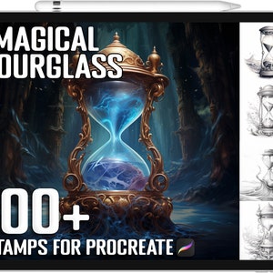 May include: A digital illustration of a gold hourglass with blue and purple swirling liquid inside. The hourglass is surrounded by a dark forest scene. The text "MAGICAL HOURGLASS" and "100+ STAMPS FOR PROCREATE" are visible.