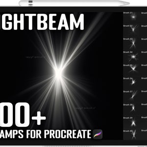 以下が含まれることがあります： Procreate 用の 100 個以上の光線スタンプのセットを表示するタブレット画面のデジタルイラスト。画像には、さまざまな光線効果が表示されており、画面には「LIGHTBEAM」と「100+ STAMPS FOR PROCREATE」のテキストが表示されています。