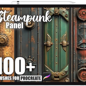 Op de afbeelding: Een tablet toont een digitaal kunstpaneel met steampunk-thema. Het ontwerp bevat metalen texturen en diverse kleuren. De tekst omvat "Steampunk Panel" en "100+ Brushes for Procreate".