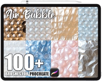 Könnte beinhalten: Ein digitales Kunstwerk auf einem Tablet-Bildschirm mit dem Text "Air Bubble" und "100+ BRUSHES FOR PROCREATE." Das Bild zeigt verschiedene Blasentexturen in Gold, Weiß, Beige, Blau und Rosa, zusammen mit einem Procreate App-Symbol.