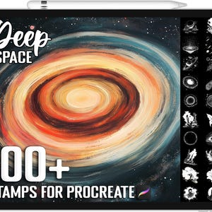 May include: A digital illustration of a galaxy with a swirling orange and yellow center. The image is on a tablet screen with the text "Deep Space" and "100+ Stamps for Procreate" on the screen. The image is surrounded by a grid of 100+ black and white stamps.