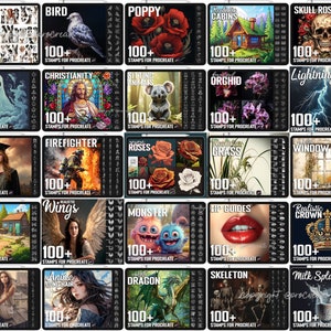 Pu&ograve; includere: Una collezione digitale di venticinque pannelli grafici individuali, ognuno con un tema unico come cani, uccelli, fiori, creature fantastiche e figure umane, con il testo 100+ STAMPS FOR PROCREATE visualizzato su ogni pannello.