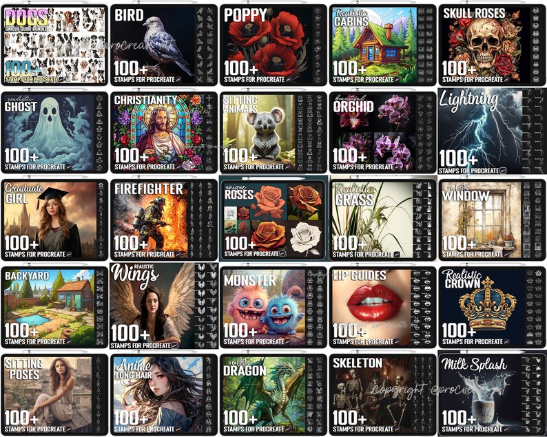 Pu&ograve; includere: Una collezione digitale di venticinque pannelli grafici individuali, ognuno con un tema unico come cani, uccelli, fiori, creature fantastiche e figure umane, con il testo 100+ STAMPS FOR PROCREATE visualizzato su ogni pannello.