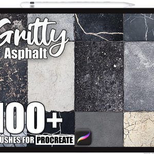 May include: A digital tablet displays a collection of asphalt textures. The text "Gritty Asphalt" is at the top, with "100+ Brushes for Procreate" below. The textures are various shades of gray, black, and white.