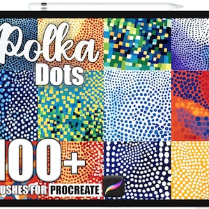 Puede incluir: Una tableta digital muestra una colección de patrones de lunares en varios colores y diseños. El texto "Polka Dots" está en la parte superior, con "100+ Brushes for Procreate" en la parte inferior. El logotipo de la aplicación Procreate es visible.
