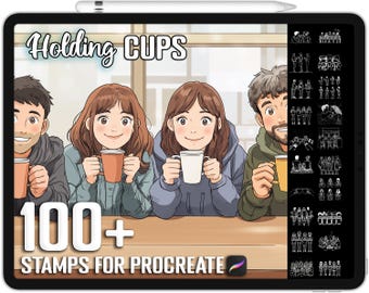 100+ Procreate Menschen, die Tassen halten, Stempel, gemütliche Beverage-Momente, Pinsel für Procreate, sofortiger digitaler Download