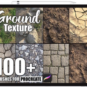 Könnte beinhalten: Ein digitales Kunstprodukt, das auf einem Tablet angezeigt wird und verschiedene Bodenstrukturen zeigt. Das Bild zeigt den Text "Ground Texture" und "100+ Brushes for Procreate". Die Texturen umfassen Gras, Steine, Erde und Steinmuster.
