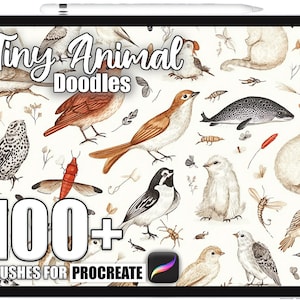 May include: A digital illustration on a tablet featuring various birds, insects, and small animals. The text "Tiny Animal Doodles" and "100+ Brushes for Procreate" are displayed. The artwork is in a watercolor style with a neutral color palette.